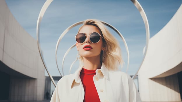 Fashionable portrait of stylish elegant blonde woman against the minimalism design architecture of a modern art museum building