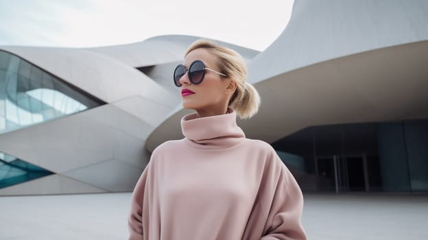 Fashionable portrait of stylish elegant blonde woman against the minimalism design architecture of a modern art museum building