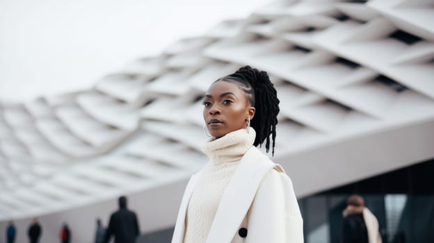 Fashionable portrait of stylish elegant black woman against the minimalism design architecture of a modern art museum building