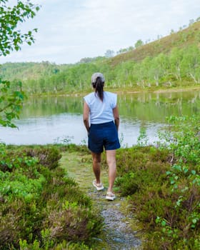 A lone hiker walks along a path bordering a tranquil lake, surrounded by lush greenery and towering mountains in the Norwegian wilderness.