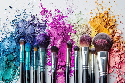 A close-up image of makeup brushes arranged on a white background, covered in vibrant eyeshadow and blush.