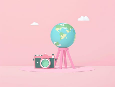 Travel with style earth globe and camera on wooden stand on pink background