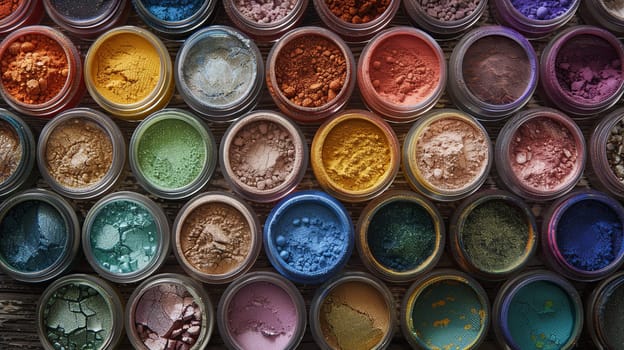 A close-up image showcasing colorful makeup pigments and powders neatly arranged in small jars.