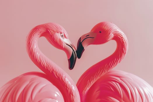 Romantic flamingos making heart shape on pink background, love birds symbol of beauty and romance in nature