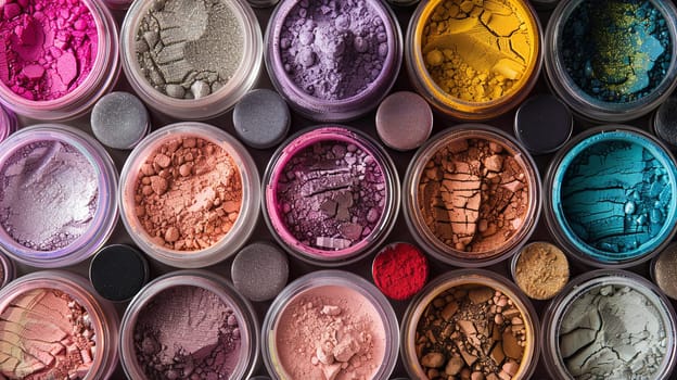 An assortment of colorful makeup pigments and powders in small jars, arranged in a pleasing pattern.