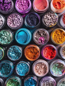 An array of colorful makeup pigment and powder jars in a grid-like arrangement, offering a close-up view of various textures and colors.