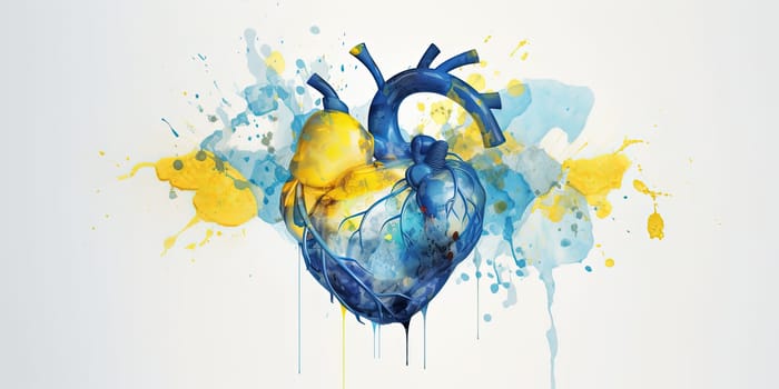 Splashes of blue and yellow paint in the shape of a heart. Ukraine. generative AI