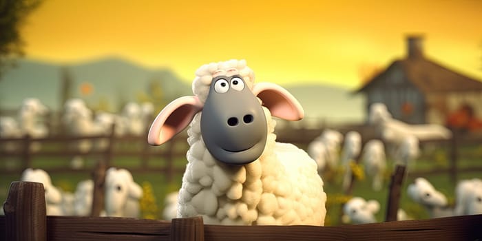 Cartoon Of Funny Sheep On Farm