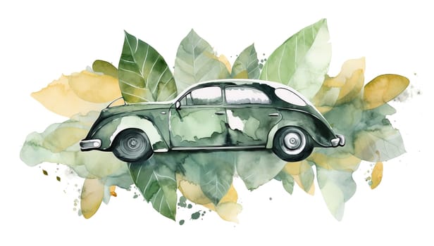 Watercolor illustration of green vintage vintage car amidst green foliage. Timeless elegance, classic beauty