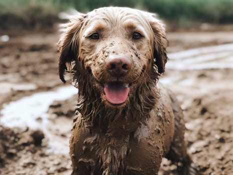 Joyful Golden Retriever Dog Dirty In The Mud