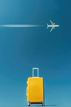 Travel essentials yellow suitcase and airplane flying in blue sky background for adventure seekers