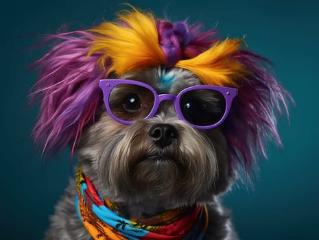 Cool And Funny Small Yorkshire Terrier Dog With Rainbow-Colored Hair Wearing Sunglasses