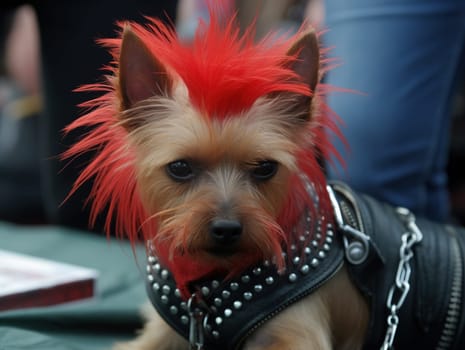 Small, Cool And Funny Terrier Dog With Red Hair, Dressed Like A Punk