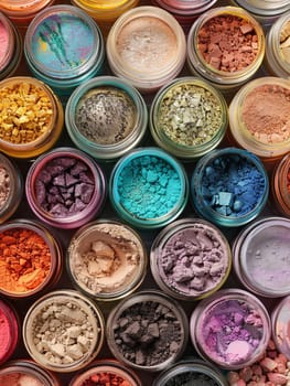 A close-up view of assorted colorful makeup pigments and powders arranged in small jars.