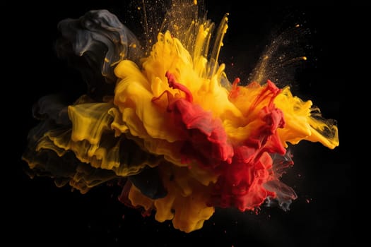 blew up of yellow and red color paints on a black background, generative AI