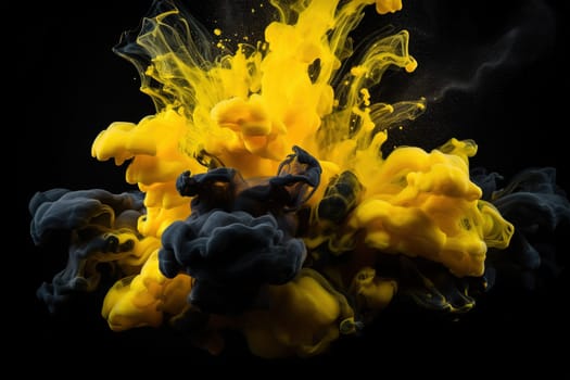 blow up of colorful paints splashes and drops in the yellow colors on a black background, generative AI
