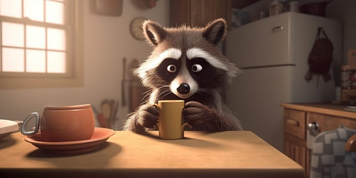 Cartoon Illustration Of A Funny Raccoon Drinking Tea In The Kitchen