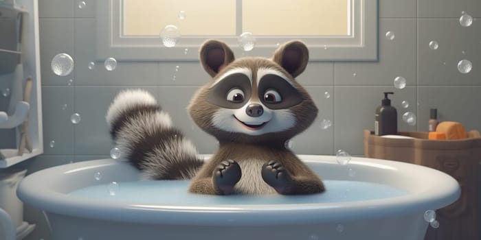 Cartoon Illustration Of A Funny Raccoon Washing In The Bathroom With Soap Bubbles
