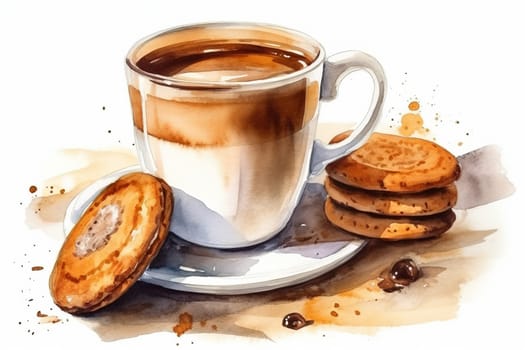 watercolor painting of coffee cappuccino hot drink in a glass cup with a tasty sweets , generative AI