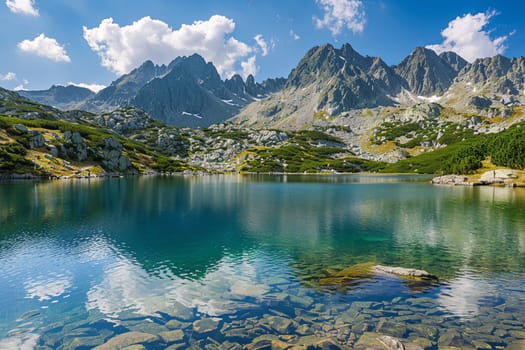 A lake nestled among towering mountains under a clear blue sky with transparent water.