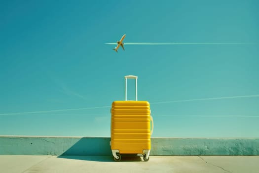 Adventure awaits wanderlust travel concept with yellow suitcase on wall and airplane flying above