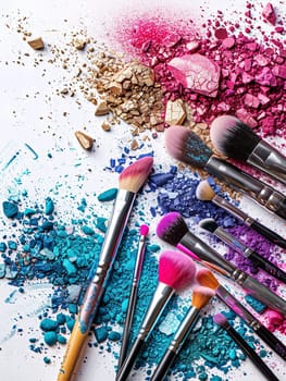 A close-up image of various makeup brushes covered in vibrant eyeshadow and blush on a white background.