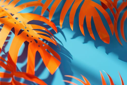 Tropical palm leaves on a blue background creating a relaxing summer vibe with shadows and sunlight