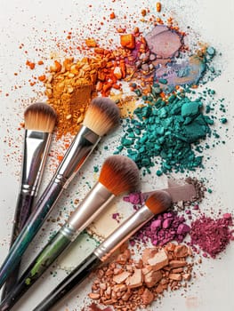 A close-up shot of colorful makeup brushes with eyeshadow and blush scattered around them.