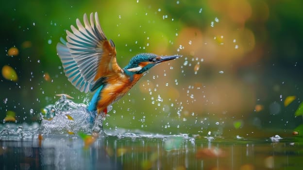 Kingfisher taking flight over the water with spread wings in a beautiful nature scene for travel enthusiasts