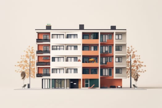 Modern apartment building with tree, car, and urban lifestyle elements in front view for real estate and travel concepts