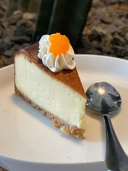 Lemon cheesecake freshly baked slice, New York style classical cheese cake on dessert plate background. Slice of tasty cake on white plate served with dessert spoon, good for cooking book