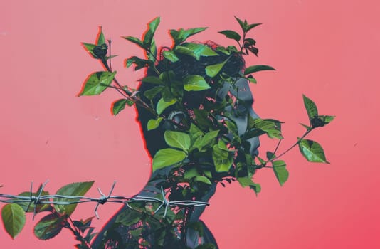 Conceptual image of a person with plants sprouting from head standing by barbed wire fence in nature