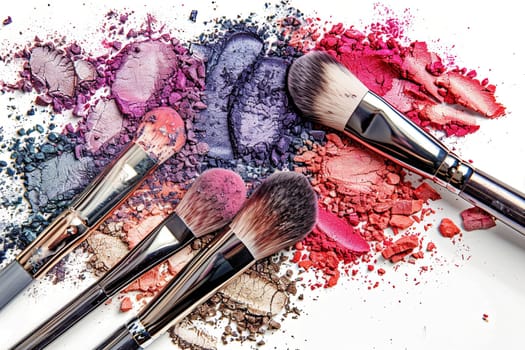 Makeup brushes with colorful eyeshadow and blush on a white background.