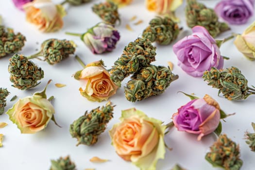 Cannabis buds and flowers arranged with purple rose on white surface for medical and beauty use