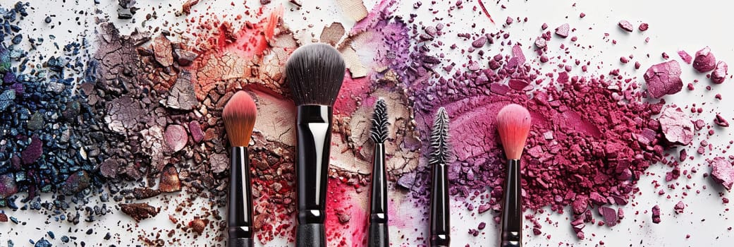 Makeup brushes covered in colorful eyeshadow and blush, creating a visually appealing composition against a white background.