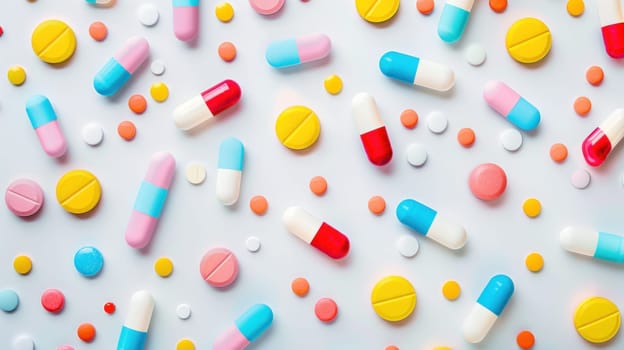 Colorful pills and tablets arranged on white table, medical treatment and health concept top view flat lay shot