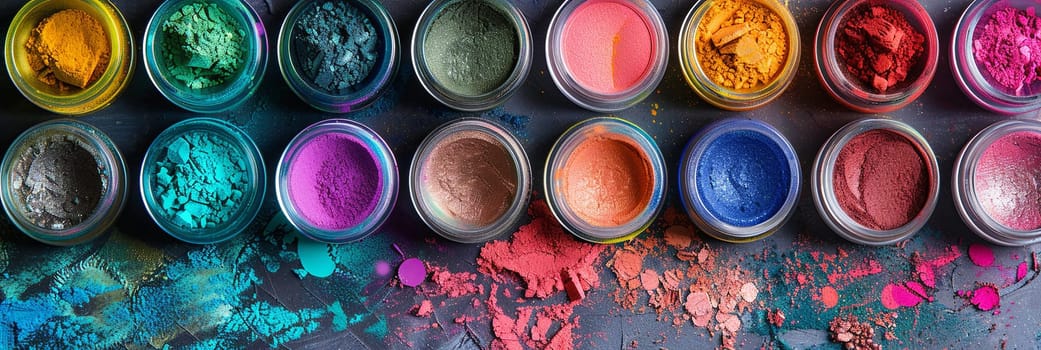A close-up shot of colorful makeup pigments and powders in small jars, arranged in a row.