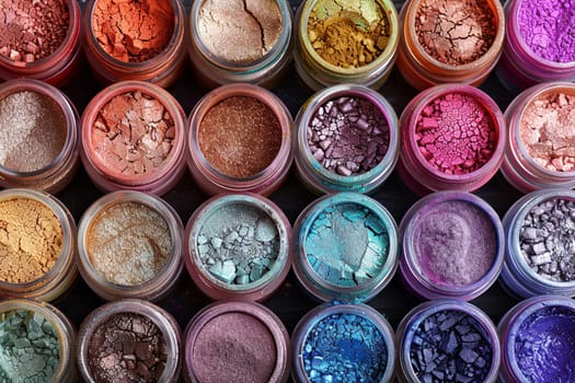 A close-up image showcasing a variety of colorful makeup pigments and powders in small jars.