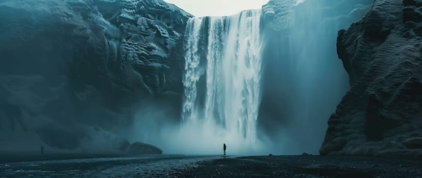 Exploring the majestic waterfall inside the dark cave on an adventurous trip into nature's beauty