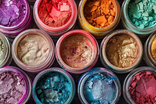 A close-up of various makeup pigments and powders in small jars.