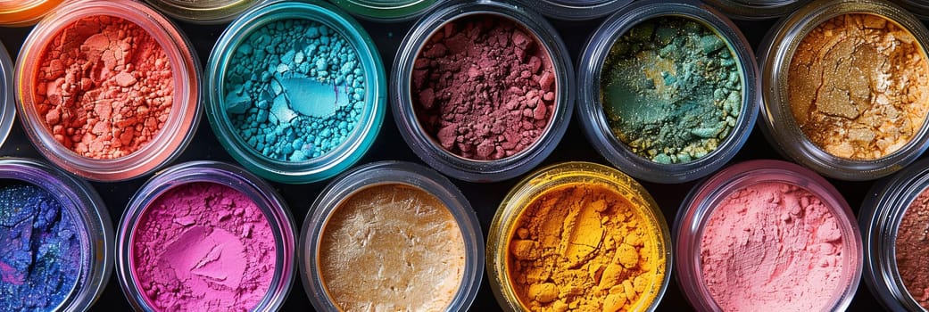 Close-up view of colorful makeup pigments and powders in small jars, arranged artistically.