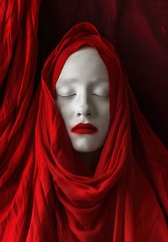 Beauty concept woman with red scarf and white makeup laying on cloth in artistic fashion pose