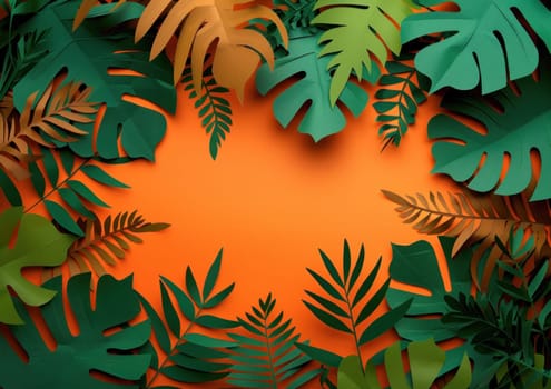 Tropical leaves on orange background with copy space for your text, illustration of nature beauty and vacation inspiration