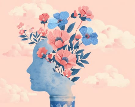 Floral portrait of a woman with flower pot hair beauty, fashion, and art concept