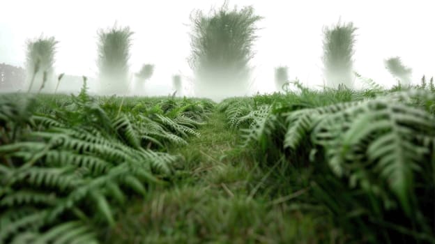 Tranquil misty field with tall ferns and trees surrounded by tall grass in nature reserve