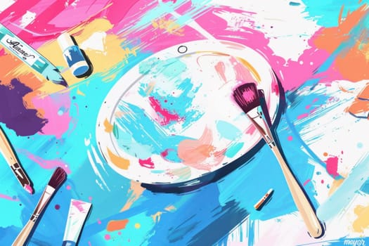 Colorful paint brushes and paint on a table with paintbrush holder in an art studio setting