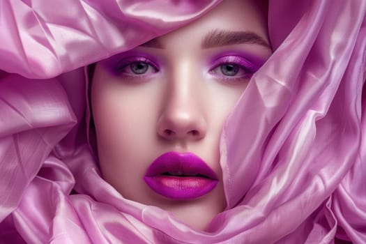 Elegant woman in pink silk shawl with purple makeup, beauty and fashion concept