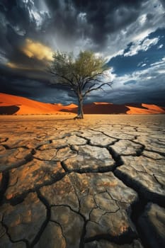 Solitary tree in dry desert under stormy sky symbol of resilience and survival amid harsh conditions