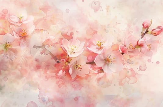 Blossoming pink flowers in a whimsical watercolor painting with splashes and bubbles