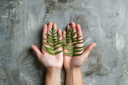 Green fern plant held by two hands on concrete background with copy space, nature beauty and serenity concept